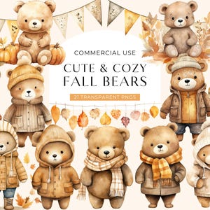 Cute Fall Bear Clipart, DIGITAL DOWNLOAD, October Teddy Bear Baby Shower Clipart, Cozy Watercolor Autumn Pumpkin, Nursery Commercial Use PNG