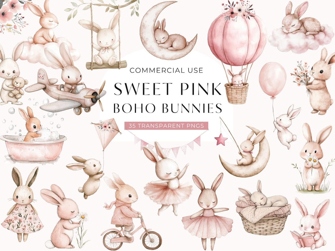 Pink Boho Bunny Clipart, DIGITAL DOWNLOAD, Baby Shower Rabbit Clip Art ...