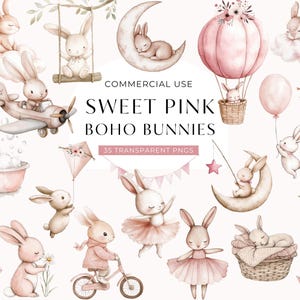 Clipart coniglietto rosa Boho, DOWNLOAD DIGITALE, Clip art coniglio baby shower, carina ballerina coniglietto acquerello, coniglietti addormentati uso commerciale PNG