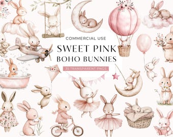 Clipart lapin Boho rose, téléchargement numérique, clipart lapin baby shower, jolie ballerine lapin aquarelle, lapins endormis PNG à usage commercial