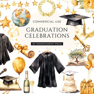 Clipart ukończenia szkoły akwarela, CYFROWE POBIERANIE, Grad Cap PNG, Nauczyciel Student Clip Art, Toga Toga Dyplom Ilustracja, Bezpłatne Użytkowanie Komercyjne