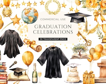 Graduation Clipart Watercolor, DIGITAL DOWNLOAD, Grad Cap PNG, Teacher Student Clip Art, Gown Robe Diploma Illustration, Free Commercial Use