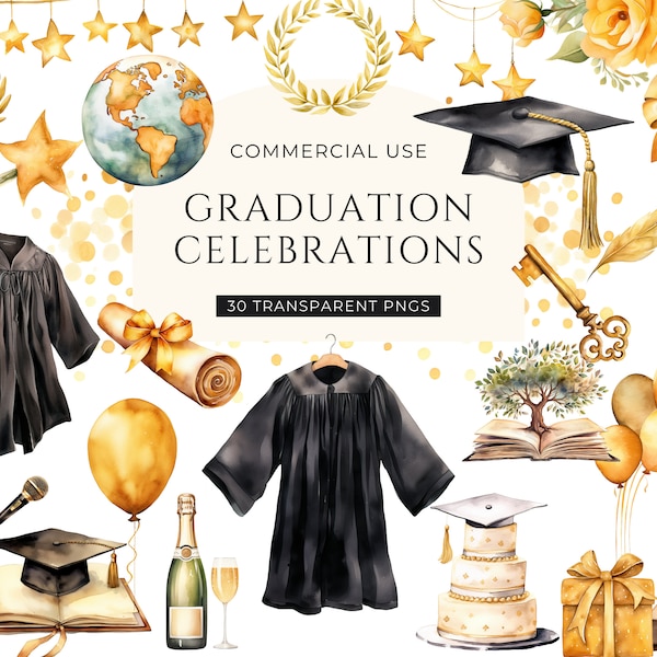 Graduation Clipart Watercolor, DIGITAL DOWNLOAD, Grad Cap PNG, Teacher Student Clip Art, Gown Robe Diploma Illustration, Free Commercial Use