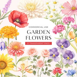 Arten von Blumen Clipart, DIGITAL DOWNLOAD, Aquarell Garten Planer Clip Art, Sommer Blumengrafiken, Gartenliebhaber kommerzielle Nutzung PNG