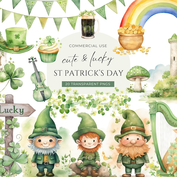 Cute St Patricks Day Clipart, DIGITAL Download, Watercolor Leprechaun, 4 Leaf Clover Shamrock, Rainbow Pot of Gold, Irish Commercial Use PNG