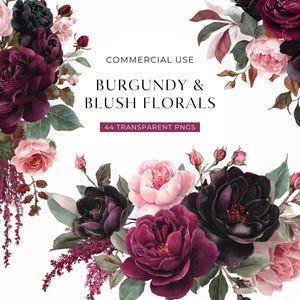 May include: A digital graphic of burgundy and blush floral arrangements. The image shows various roses and other flowers in shades of burgundy, pink, and black, with green foliage. Text reads "Commercial Use, Burgundy & Blush Florals, 44 Transparent PNGs."
