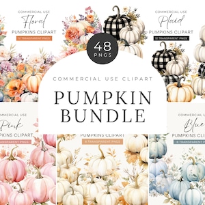Bundle de cliparts citrouille aquarelle, téléchargement numérique, plaid neutre rose bleu blanc, Boho automne automne Baby Shower Clipart, usage Commercial PNG
