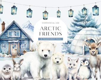 May include: A digital collection of watercolor illustrations titled Arctic Friends, featuring a blue house, an igloo, hanging lanterns, and animals including polar bears, a seal, a rabbit, a fox, a penguin, and a deer on a white background.