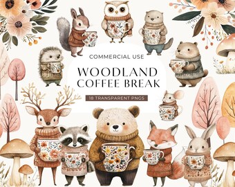 Skogsdjur med kaffe Clipart, Digital nedladdning, Söt kaffeälskare Clip Art, Akvarell kaffetema Grafik, Kommersiellt Använd PNG