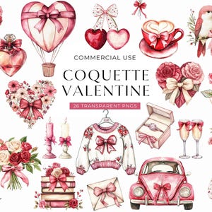 Coquette Valentine Clipart, Arco de aquarela para o dia dos namorados, Clipart de planejador rosa, PNG fofo para uso comercial de São Valentim, DOWNLOAD DIGITAL