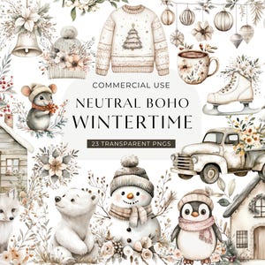 Boho winter clipart, digitale DOWNLOAD, neutrale kerst illustraties, gezellige kerst aquarel, rustieke winter, schattig commercieel gebruik december, png