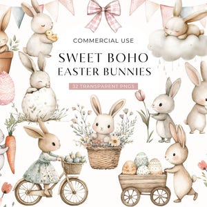 Clipart lapin de Pâques Boho, clipart lapin lunatique mignon, lapins de baby shower aquarelle printemps, oeuf de Pâques pastel PNG, téléchargement numérique