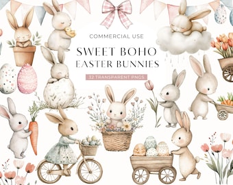 Boho Easter Bunny Clipart, Cute Whimsical Bunny Clip Art, Watercolor Spring Baby Shower Rabbits, Pastel Easter Egg PNG, DIGITAL DOWNLOAD