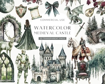Watercolor Medieval Castle Clipart, Enchanted Fantasy Castle Clip Art, Junk Journal Image, DIGITAL Scrapbooking Graphic, Knight Illustration