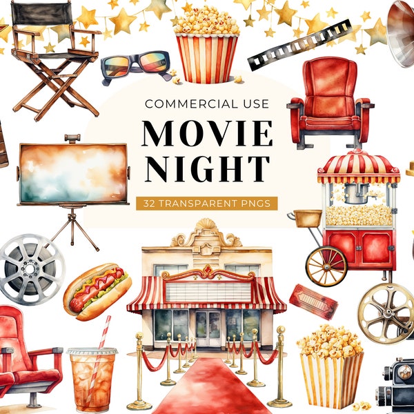 Movie Night Clipart, DIGITAL DOWNLOAD, Movie Theatre Clipart, Cinema Clipart, Popcorn Clip Art, Watercolor Film Clipart, Commercial Use PNG