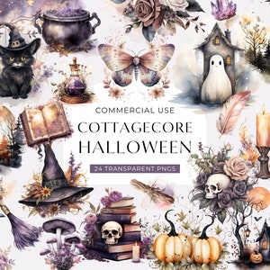 Cottagecore Halloween Cliparts, DIGITAL DOWNLOAD, Whimsigoth Aquarell Clip Art, wunderliche Geist Motte Schädel, Witchy Kommerzielle Nutzung PNG