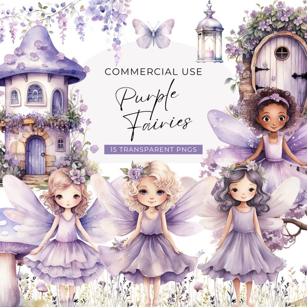 Purple Fairy Clipart, DIGITAL DOWNLOAD, Cute Watercolor Lilac Fairies, Pastel Girl Birthday Clip Art, Fairy House Door, Commercial Use PNG
