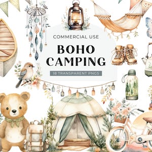Boho camping aquarelle clipart, téléchargement numérique, aventure voyage clipart, clipart tente mignonne, été randonnée en plein air usage Commercial PNG