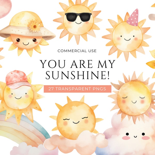 Clipart soleil mignon, téléchargement numérique, soleil d'aquarelle, soleil d'été, premier voyage autour du soleil, soleil souriant, usage commercial gratuit PNG