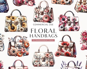 Floral Handbag Clipart, Watercolor Hand Bag With Flowers Clip Art, Woman Fashion Purse, Boho Planner Girl PNG, Scrapbooking DIGITAL DOWNLOAD