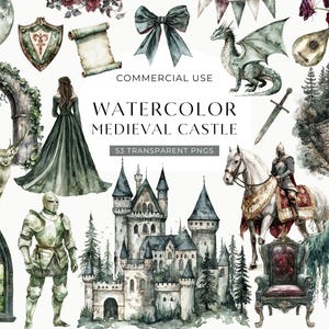 Watercolor Medieval Castle Clipart, Enchanted Fantasy Castle Clip Art, Junk Journal Image, DIGITAL Scrapbooking Graphic, Knight Illustration