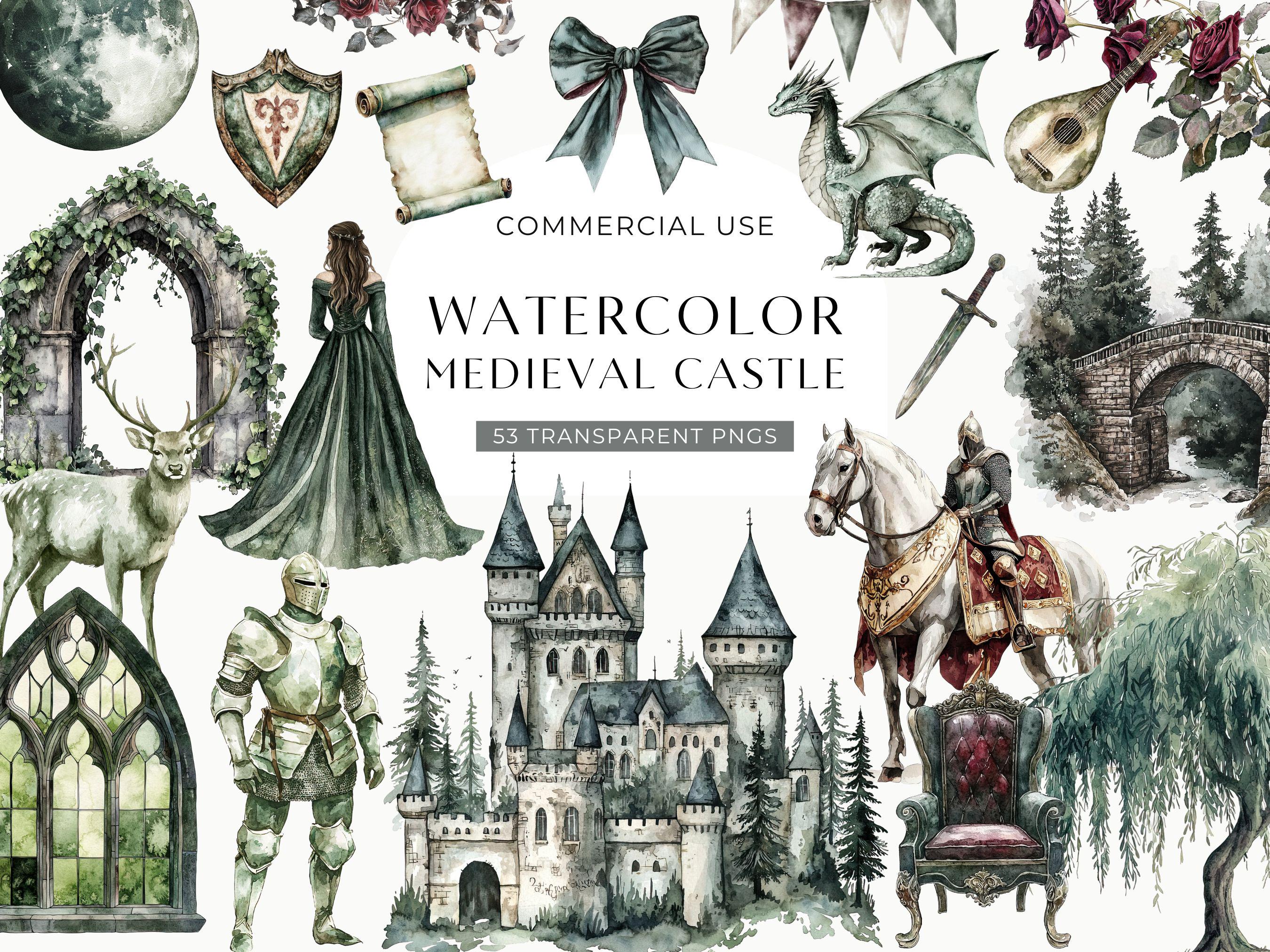 Watercolor Medieval Castle Clipart, Enchanted Fantasy Castle Clip Art, Junk Journal Image, DIGITAL Scrapbooking Graphic, Knight Illustration
