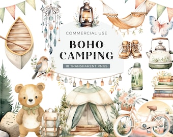 Boho Camping Watercolor Clipart, DIGITAL DOWNLOAD, Adventure Travel Clip Art, Cute Tent Clipart, Summer Outdoor Hiking Commercial Use PNG