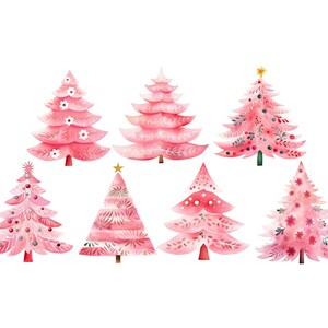 Pink Christmas Tree Clipart, DIGITAL DOWNLOAD, Candy Pink Retro Christmas Trees, Hot Pink Watercolor Decorated Xmas Tree, Commercial Use PNG image 2