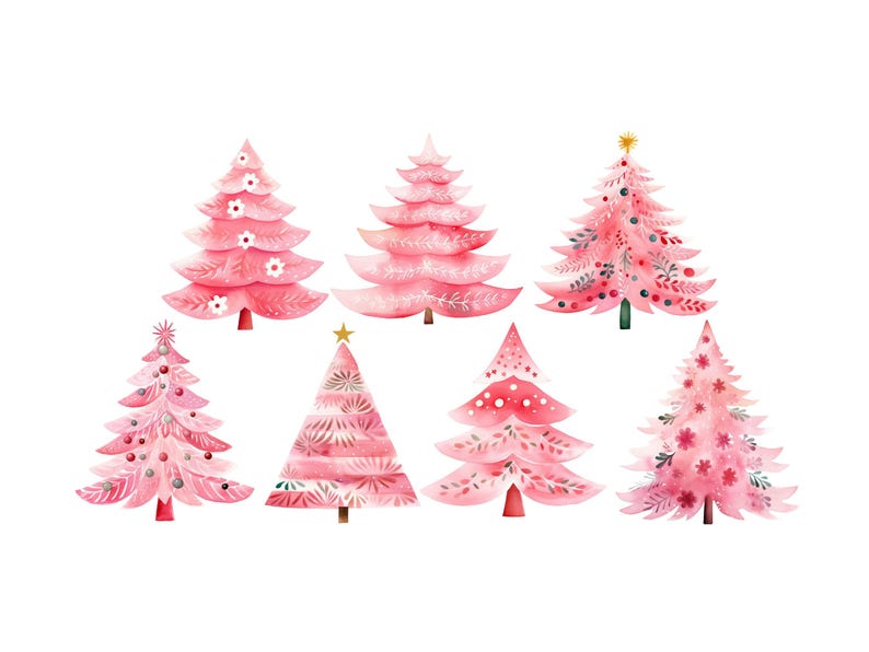 Pink Christmas Tree Clipart, DIGITAL DOWNLOAD, Candy Pink Retro Christmas Trees, Hot Pink Watercolor Decorated Xmas Tree, Commercial Use PNG image 2