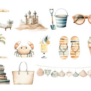 Summer Beach Watercolor Clipart, DIGITAL DOWNLOAD, Vacation Clip Art, Boho Tropical Holiday, Chair And Umbrella, Seashell Commercial Use PNG image 2