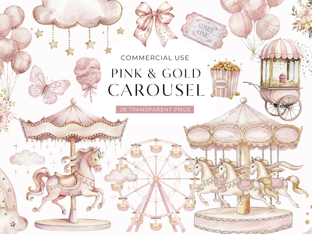Clipart de carrusel rosa, clipart de carnaval en acuarela, gráficos de ...