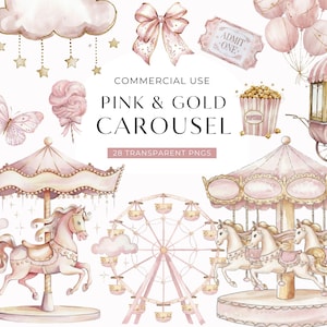 Peut inclure: Illustrations à l'aquarelle sur le thème du carrousel rose et or. Comprend un carrousel, une grande roue, un chariot à pop-corn, des ballons et d'autres éléments sur le thème du carnaval. Le texte indique "Pink & Gold Carousel" et "Commercial Use".