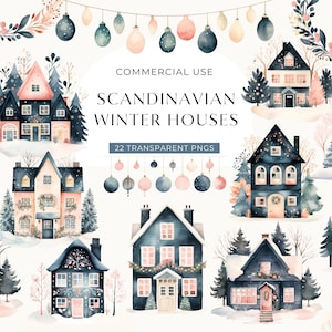 Clipart casa invernale scandinava, DOWNLOAD DIGITALE, Clip art casa accogliente nordica, villaggio acquerello scandinavo, uso commerciale biglietto di Natale PNG