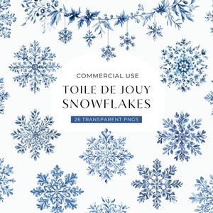 Puede incluir: Ilustraciones en acuarela de copos de nieve azules y follaje de invierno sobre un fondo blanco. La imagen incluye varios diseños de copos de nieve y una guirnalda de hojas y bayas. El texto dice "Commercial Use Toile de Jouy Snowflakes 26 Transparent PNGs."