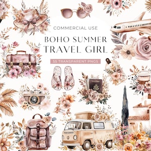 Boho reizen clipart, aquarel zomervakantie illustraties, digitale planner meisje illustraties, scrapbooking afbeelding, commercieel gebruik png-afbeelding