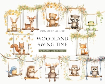 Animals On Swings Clipart Woodland, DIGITAL DOWNLOAD, Cute Watercolor Forest Creatures, Baby Shower Clip Art, Nursery Commercial Use PNG