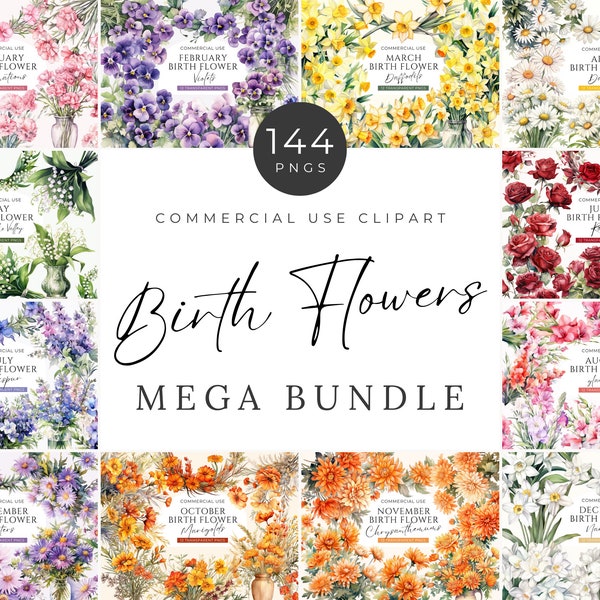 Birth Month Flower Clipart Bundle, DIGITAL DOWNLOAD, Watercolor Birth Month Floral Bouquet, Birthday Wildflower Wreath, Commercial Use PNG