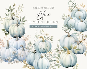 Blue Watercolor Pumpkin Clipart, DIGITAL DOWNLOAD, Boy Baby Shower Clipart, Pastel Halloween, Fall Autumn Cottagecore, Commercial Use PNG