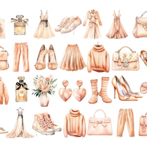 Spring Clothes Clipart Peach, DIGITAL DOWNLOAD, Watercolor Women Fashion Accessories, Planner Girl Outfit, Dress Handbag, Commercial Use PNG image 2
