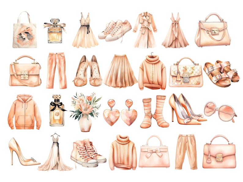 Spring Clothes Clipart Peach, DIGITAL DOWNLOAD, Watercolor Women Fashion Accessories, Planner Girl Outfit, Dress Handbag, Commercial Use PNG image 2