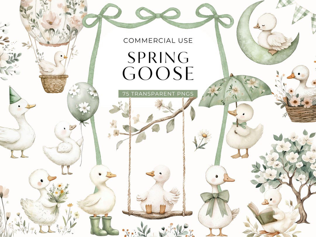 Silly Goose Clipart Spring, Vintage Watercolor Gosling Clip Art, Rustic ...