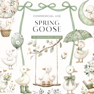 May include: Watercolor illustrations of adorable white ducklings in various spring scenes. The images include a hot air balloon, a swing, an umbrella, and a crescent moon, all in soft pastel colors. Text reads "Spring Goose".