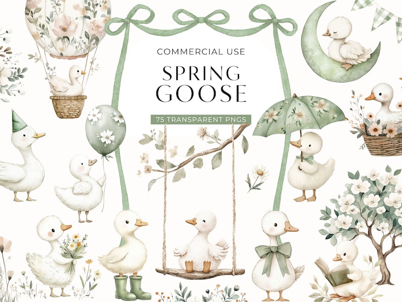 A whimsical watercolor clipart thumbnail showing adorable spring-themed baby geese in charming poses. The geese are decorated with bows, holding umbrellas, swinging on branches, reading books, and floating in a floral hot air balloon. Surrounded by soft pastel green ribbons, spring blossoms, and wildflowers. Includes 75 transparent PNGs perfect for baby shower invitations, nursery prints, and spring scrapbooking.
