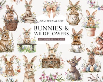 Bunny Flower Clipart, Watercolor Bunnies With Flowers Clip Art, Cute Wildflower Rabbit Graphics, Floral Easter Card PNG, Vintage Spring PNGs