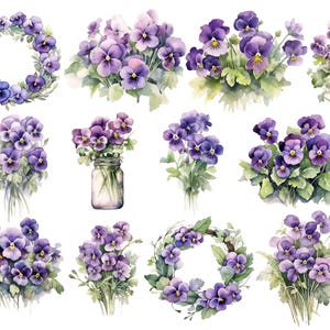 Violet Flower Clipart, DIGITAL DOWNLOAD, Purple Floral Bouquets, February Birth Month Clip Art, Spring Wildflower Wreath Commercial Use PNG image 2