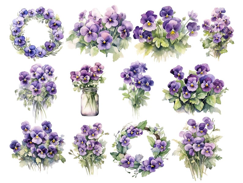 Violet Flower Clipart, DIGITAL DOWNLOAD, Purple Floral Bouquets, February Birth Month Clip Art, Spring Wildflower Wreath Commercial Use PNG image 2
