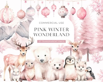Clipart de país de las maravillas de invierno rosa, DESCARGA DIGITAL, Clip Art de acuarela de animales lindos del Ártico, Baby Shower de niña navideña, PNG de uso comercial