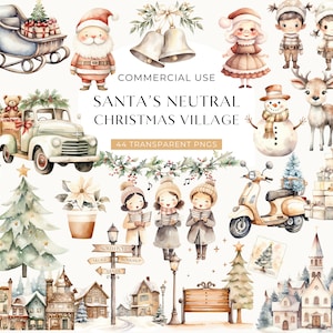 Santas Dorf Clipart, DIGITAL DOWNLOAD, süßes Weihnachtsdorf Clip Art, Aquarell Neutral Beige Winterurlaub Szene, kommerzielle Nutzung PNG