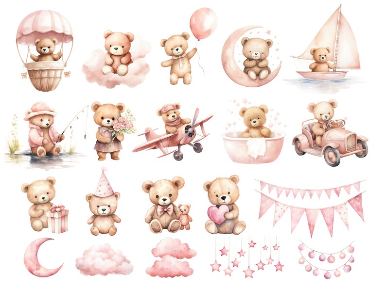 Pink Teddy Bear Clipart, DIGITAL DOWNLOAD, Hot Air Balloon Teddy Bear ...