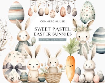 Lindo conejito de Pascua, descarga digital, conejitos primaverales en acuarela pastel, conjunto de gráficos bohemios para guardería, PNG transparente para uso comercial gratuito